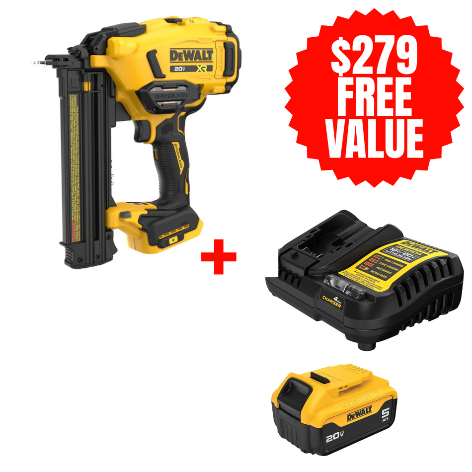 DCN210B + DCB205C, 20V MAX* XR Cordless 18ga Brad Nailer (Tool Only) + FREE 20V MAX 5.0 AH STARTER KIT