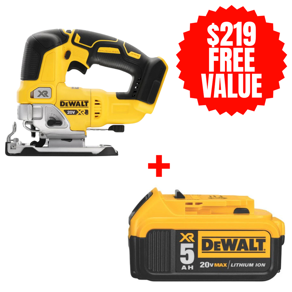 DEWALT DCS334B + DCB205, 20V MAX XR BRUSHLESS JIG SAW (Tool Only) + FREE 20V MAX LITHIUM ION BATTERY (5.0 Ah)