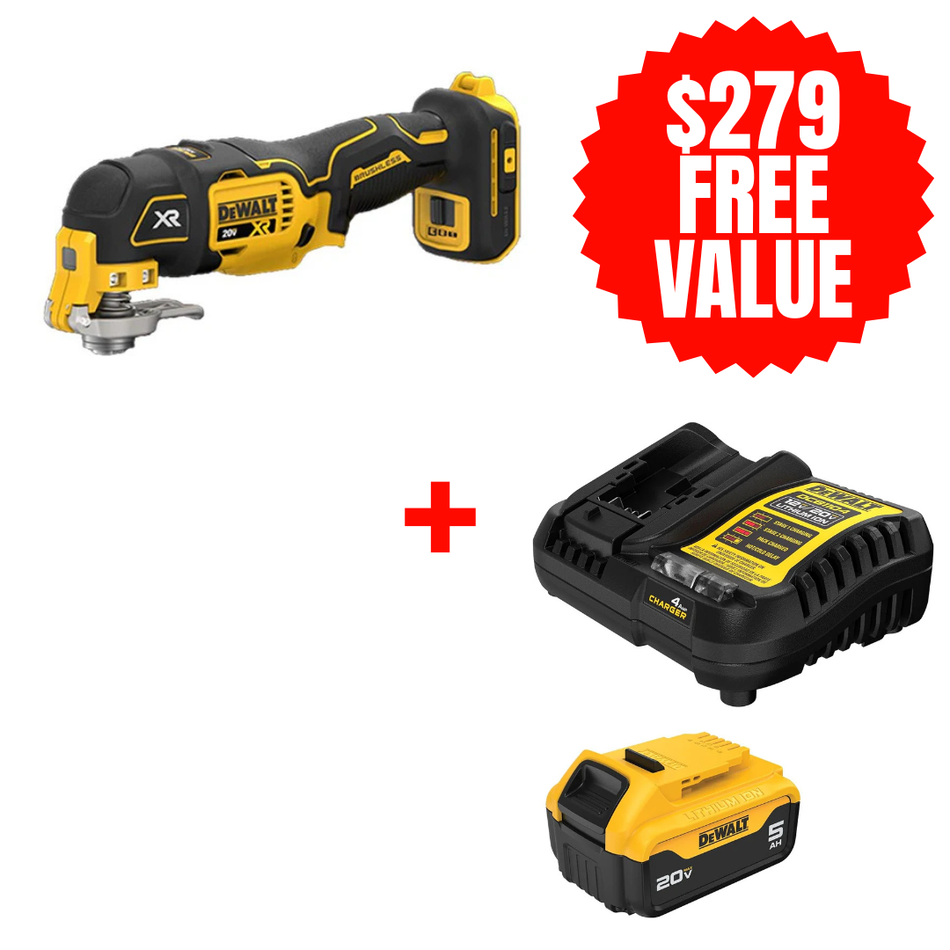 DCS356B + DCB205C, 20V MAX XR Brushless 3-Speed Oscillating Multi-Tool(Tool Only) + FREE 20V MAX 5.0 AH STARTER KIT