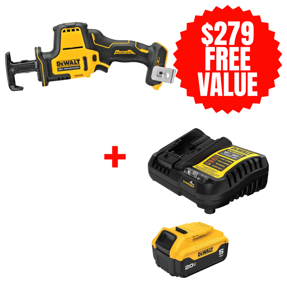 DCS369B + DCB205C, Atomic 20V MAX Cordless Brushless One-Handed Reciprocating Saw (Tool Only) + FREE 20V MAX 5.0 AH STARTER KIT