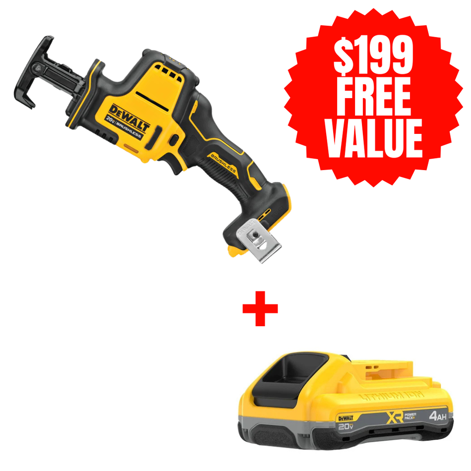 DEWALT DCS369B + DCB2104 | Atomic 20V MAX Cordless Brushless One-Handed Reciprocating Saw (Tool Only) + FREE 20V MAX XR POWERPACK 4.0AH Battery