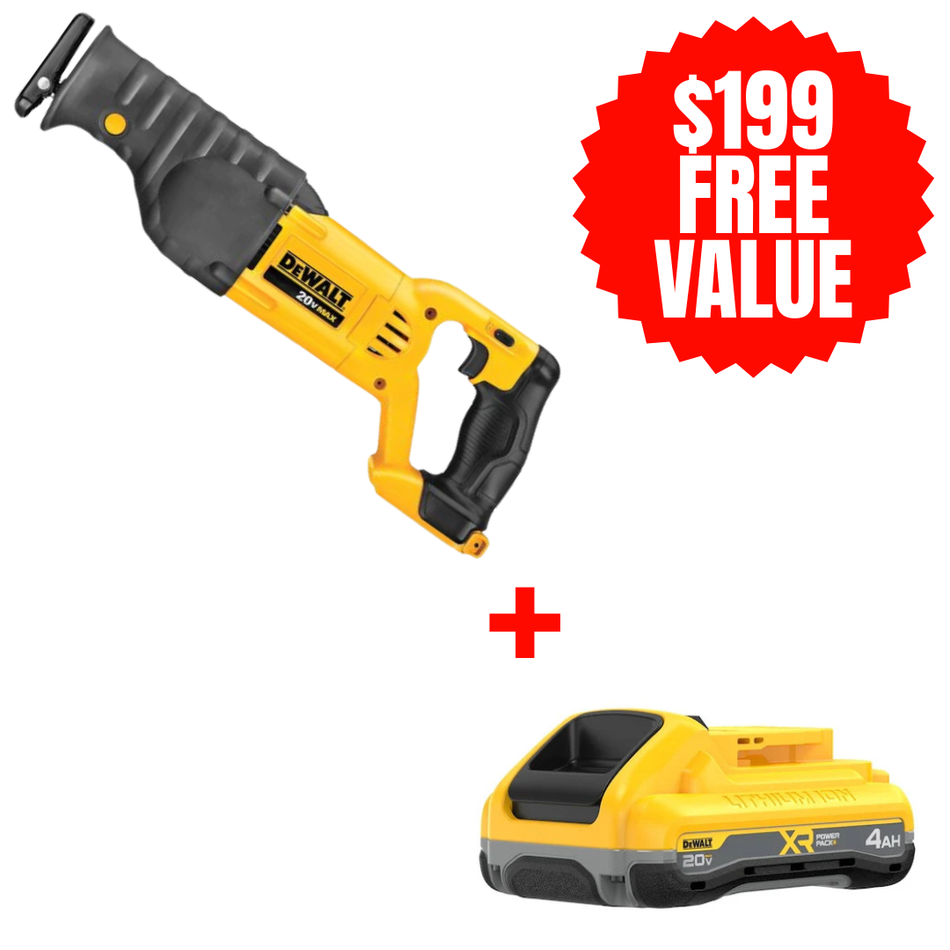 DEWALT DCS380B + DCB2104 | 20V MAX RECIPROCATING SAW (Tool Only) + FREE 20V MAX XR POWERPACK 4.0AH Battery