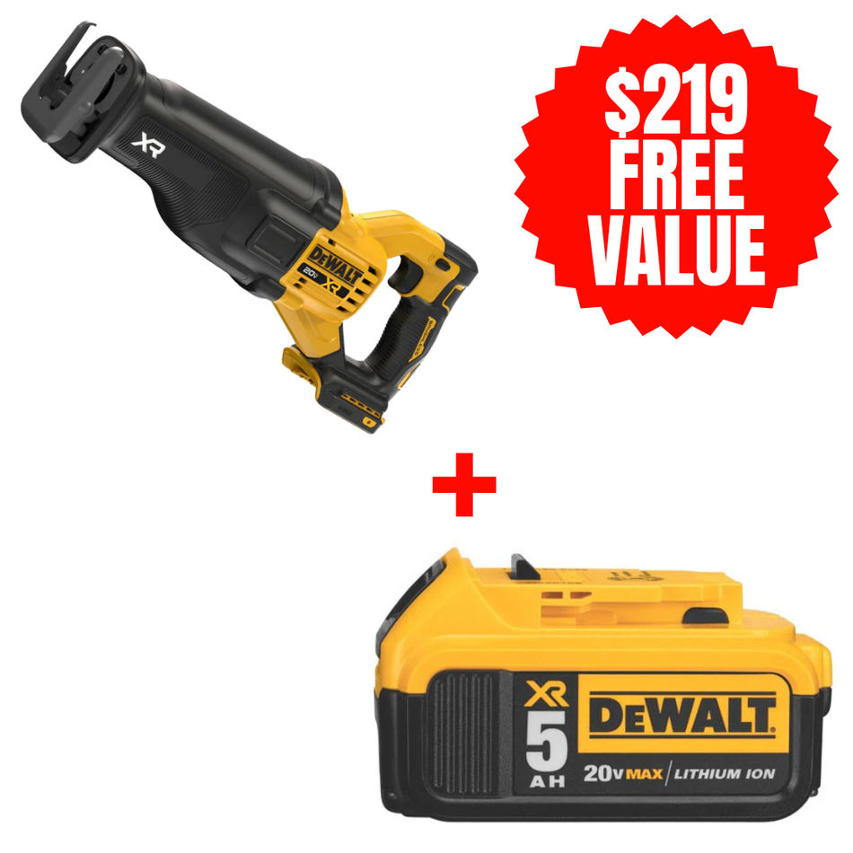 DEWALT DCS384B + DCB205, 20V MAX* XR® BRUSHLESS CORDLESS RECIPROCATING SAW (TOOL ONLY) + FREE 20V MAX LITHIUM ION BATTERY (5.0 Ah)