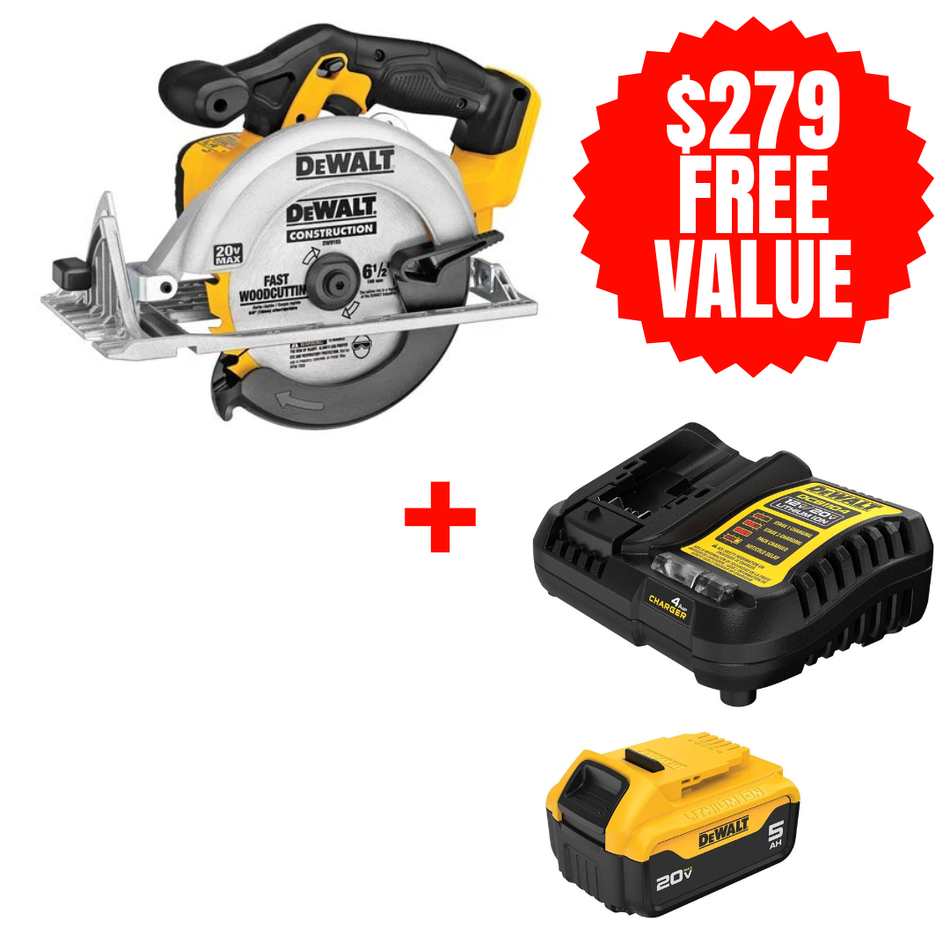 DCS391B + DCB205C, 20V MAX 6-1/2'' CIRCULAR SAW (Tool Only) + FREE 20V MAX 5.0 AH STARTER KIT