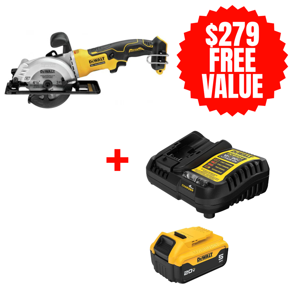 DCS571B + DCB205C, ATOMIC 20V MAX BRUSHLESS 4-1/2'' Circular Saw (Tool Only) + FREE 20V MAX 5.0 AH STARTER KIT