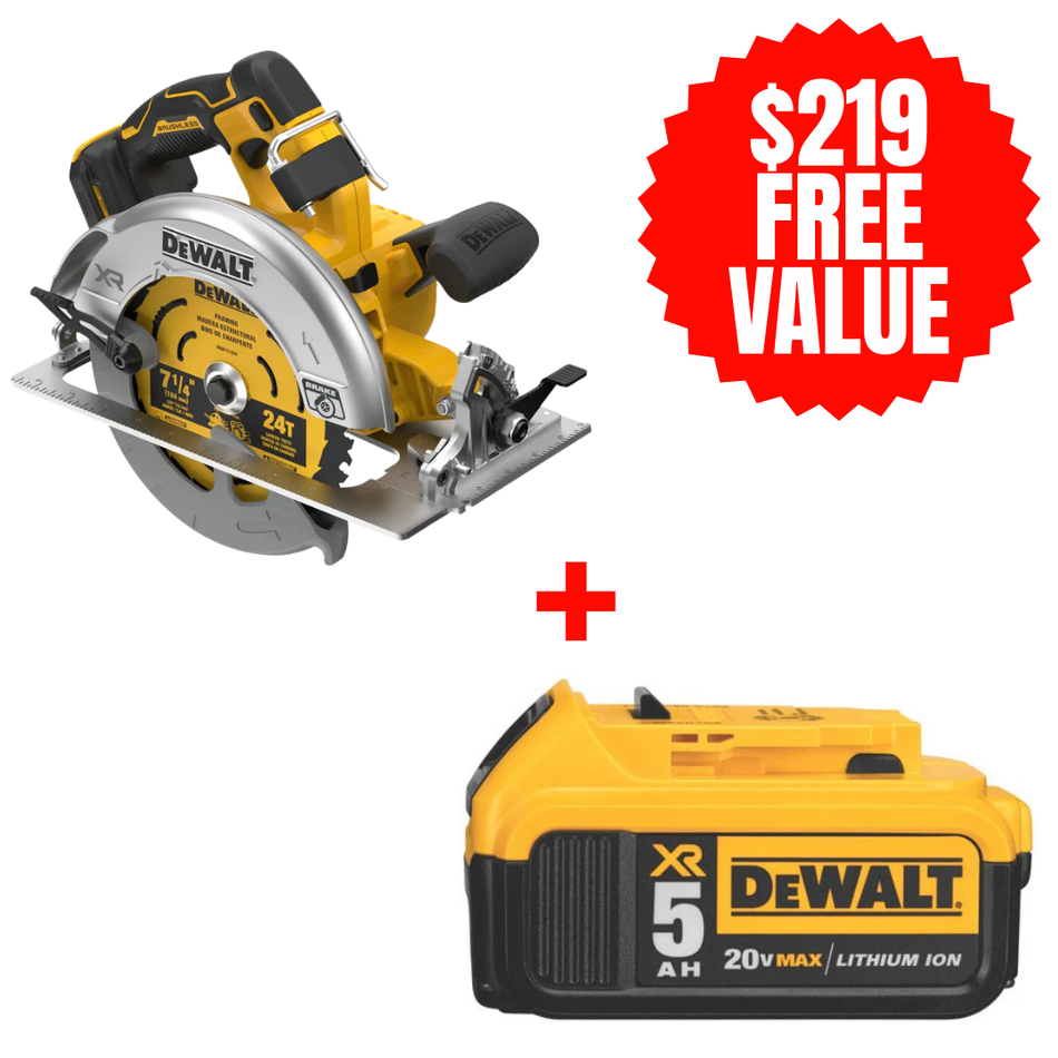 DEWALT DCS590B + DCB205, 20V MAX* XR® BRUSHLESS CORDLESS 7-1/4 IN. CIRCULAR SAW (TOOL ONLY) + FREE 20V MAX LITHIUM ION BATTERY (5.0 Ah)