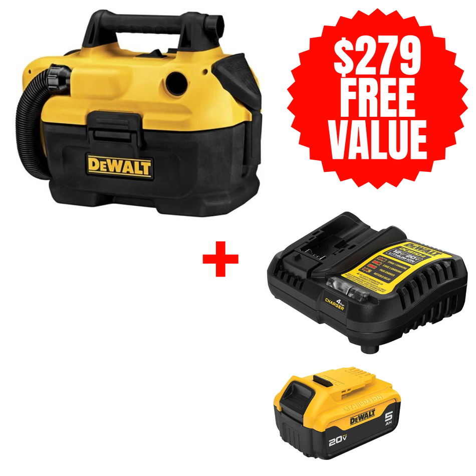 DCV580H + DCB205C, /20V MAX Cordless Wet-Dry Vacuum + FREE 20V MAX 5.0 AH STARTER KIT