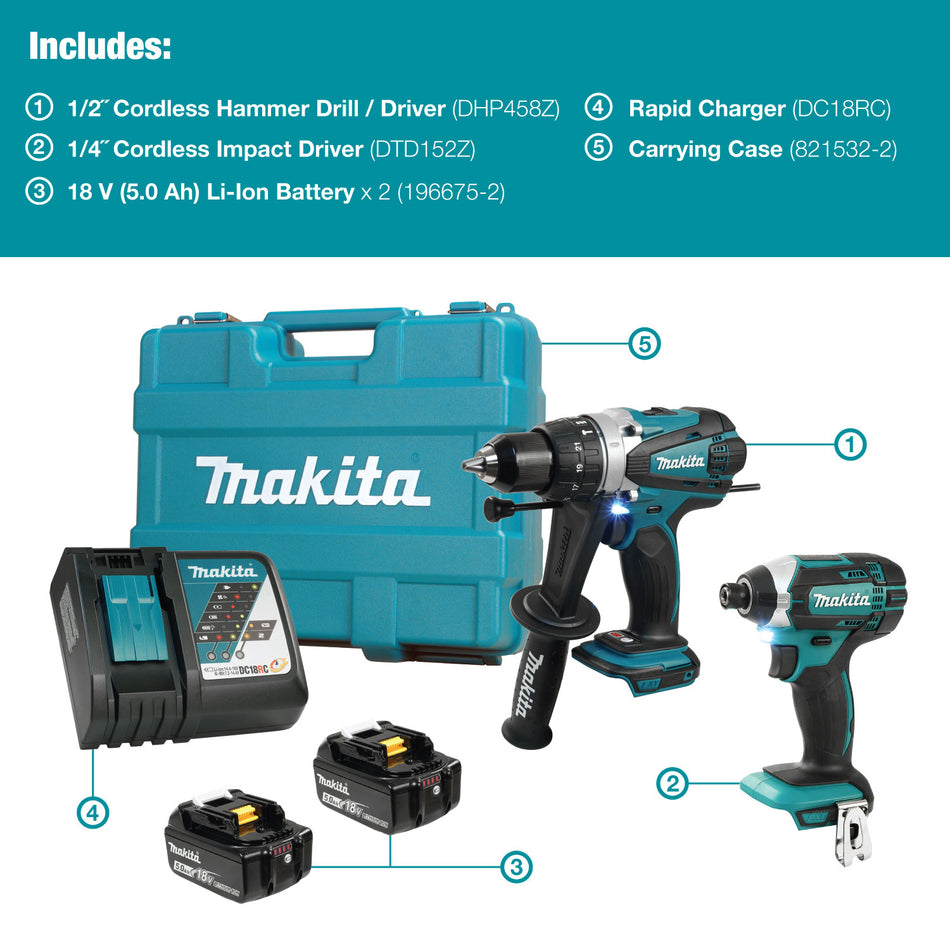 Makita DLX2005T, 18V LXT 2PC Combo 5.0Ah Kit (DHP458Z+DTD152Z)