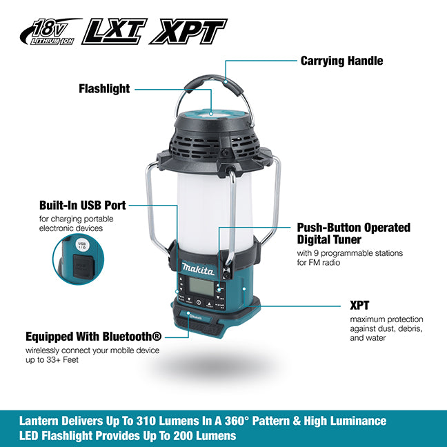 Makita DMR057, 18V LXT Lantern Radio w/Bluetooth, XPT & Flashlight (Tool Only)