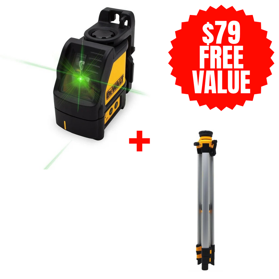 DEWALT DW088CG + DW0881T, 330 ft. Green Beam Self-Leveling Cross Line Laser Level with (3) AA Batteries & Case + FREE 1/4'' Tripod