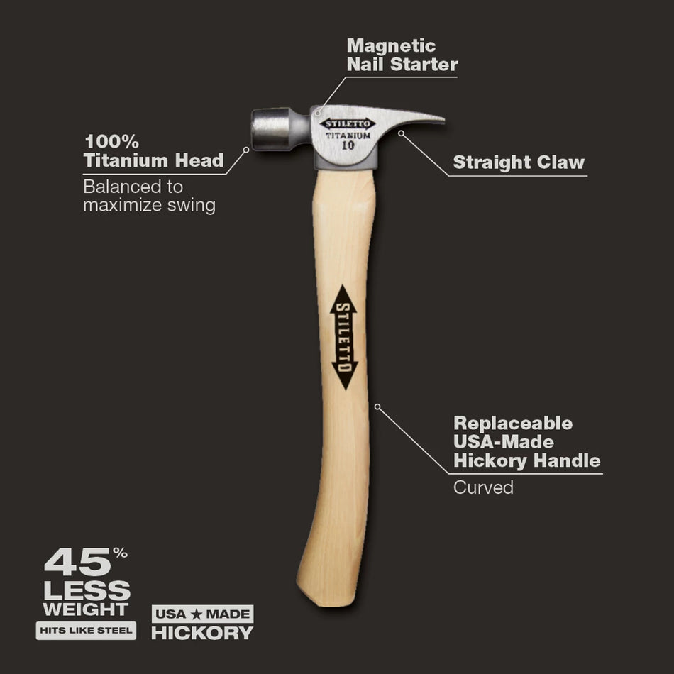 Stiletto FH10C, 10oz Titanium Finish Hammer, Smooth Face, 14.5" Curved Hickory Handle