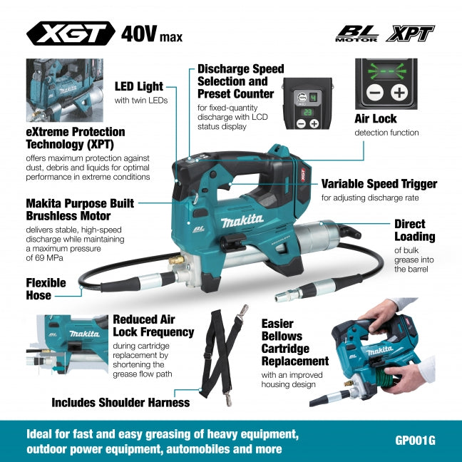 Makita GP001GZ, 40Vmax XGT Brushless Grease Gun (Tool Only)