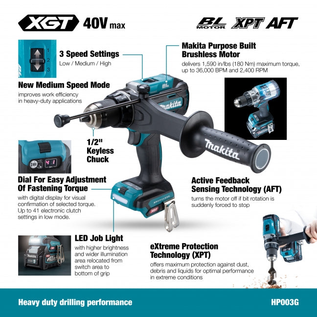 Makita HP003GZ, 40Vmax XGT Brushless 1/2" Hammer Drill-Driver (Tool Only)