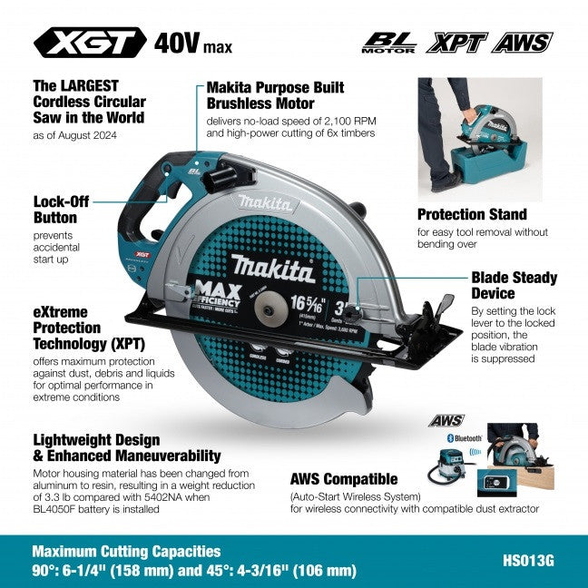 Makita HS013GZ, 40Vmax XGT Brushless 16-5/16" Circular Saw w/AWS (Tool Only)