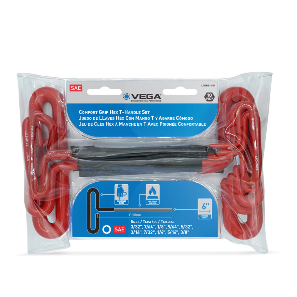 Vega LTDHS10-P, Hex 10pc T-Handle Loop Comfort Grip SAE Set x 6"