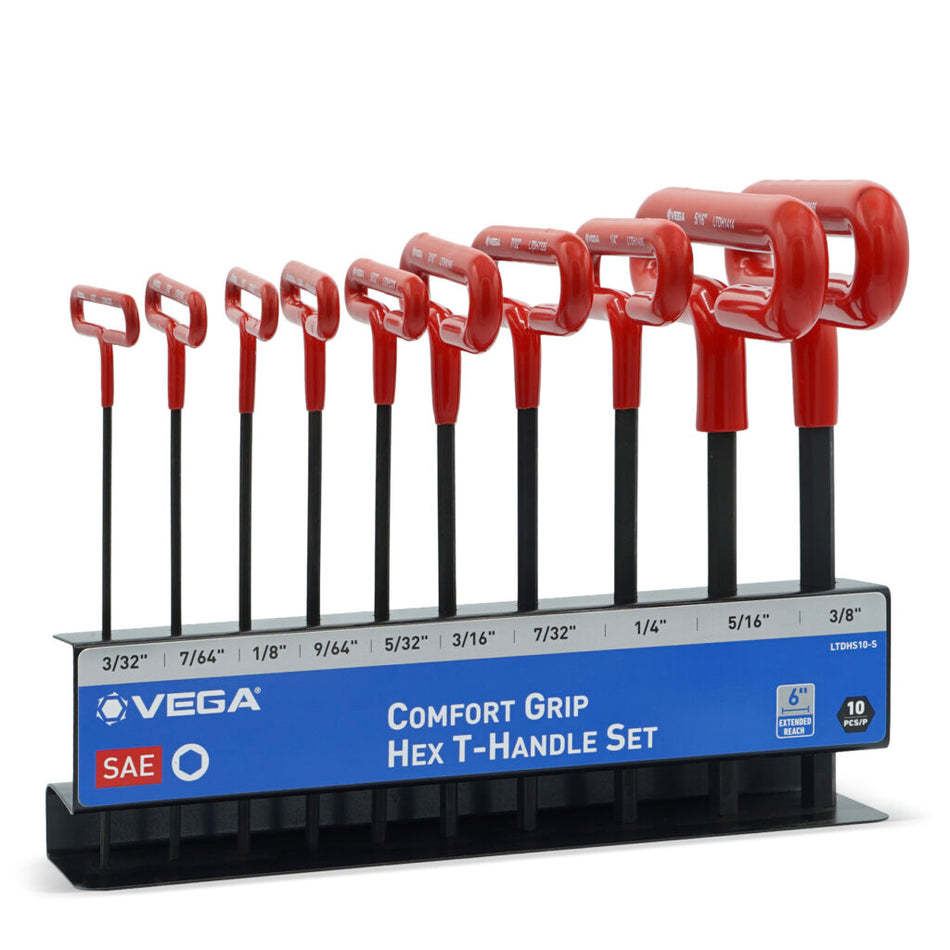 Vega LTDHS10-S, Hex 10pc T-Handle Loop Comfort Grip SAE Stand Set x 6"