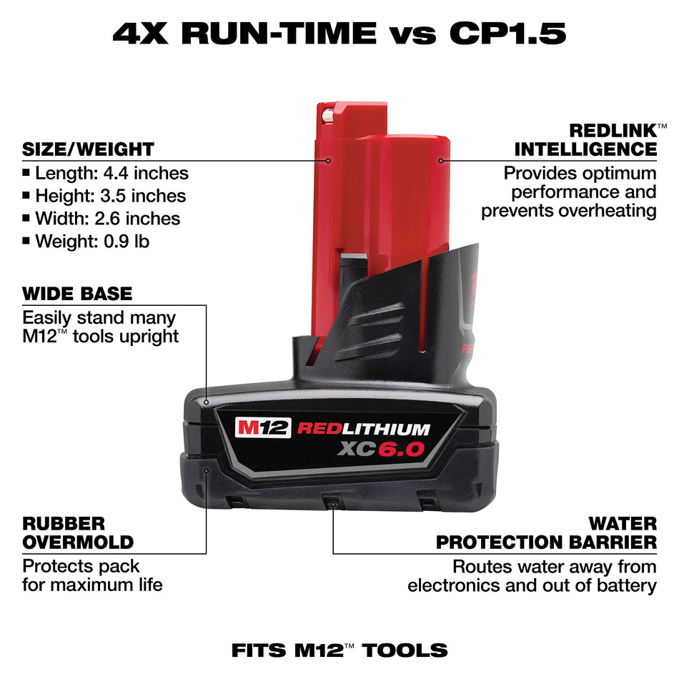 Milwaukee 48-11-2460, M12 REDLITHIUM XC6.0 Extended Capacity Battery Pack