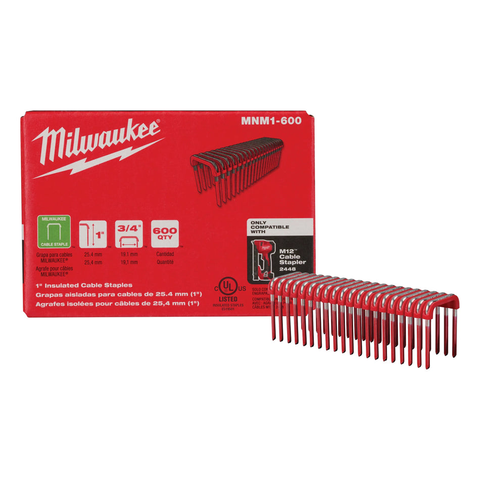 Milwaukee MNM1-600, 1" Insulated Cable Staples (600pc/Box)