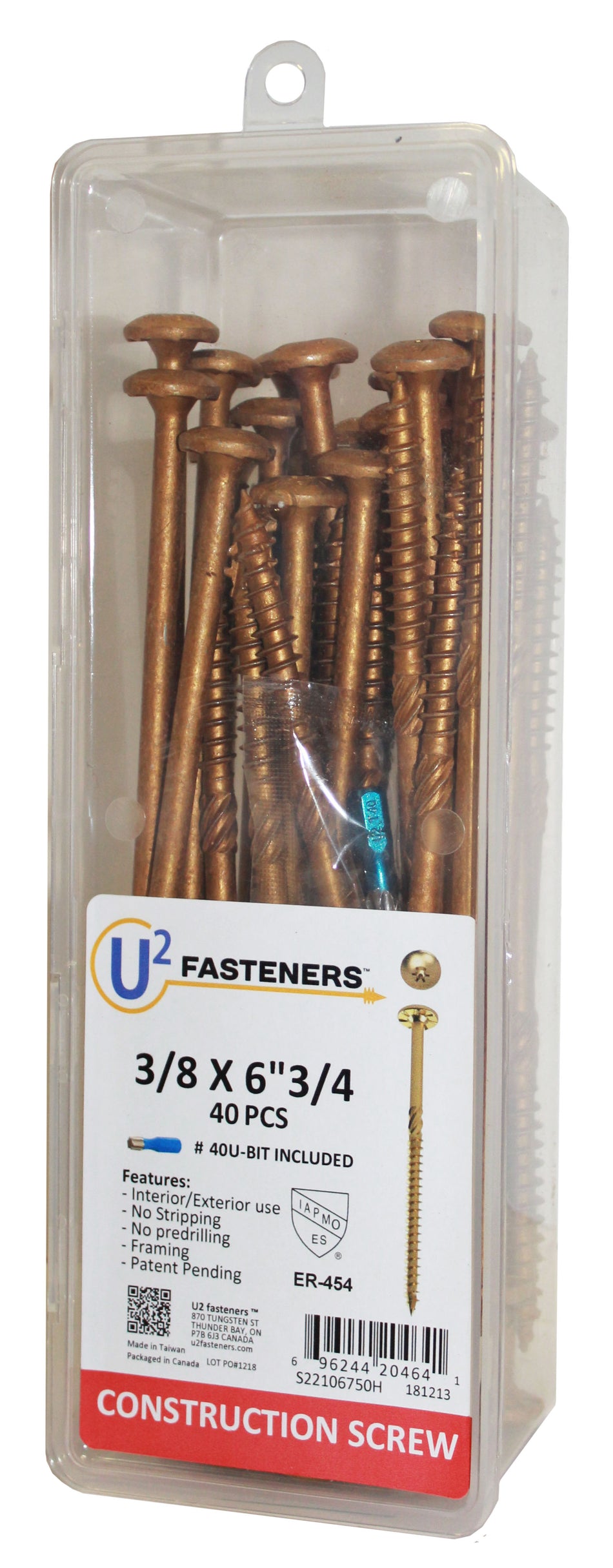 U2 Fasteners S22106750H, Construction Screw 3/8 X 6-3/4" (40/pkg)