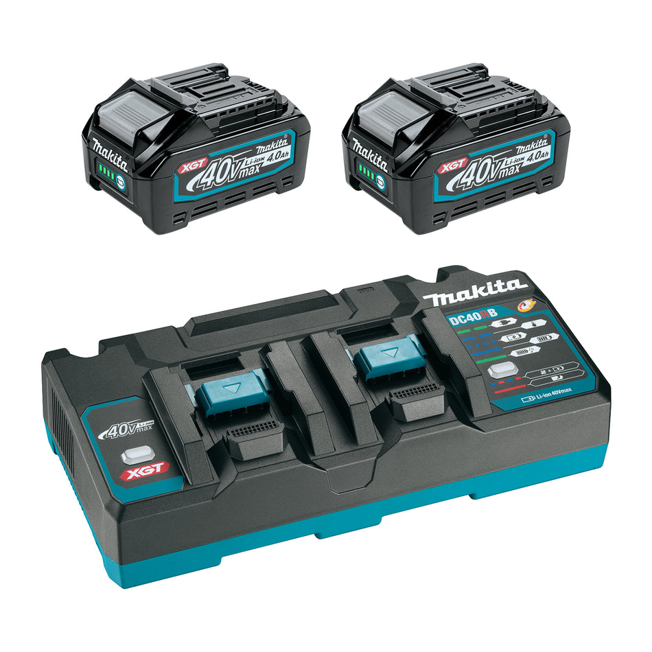 Makita T-04335, 40V max XGT 4.0Ah Battery & Dual Port Rapid Charger Starter Kit (4.0 AH X 2)