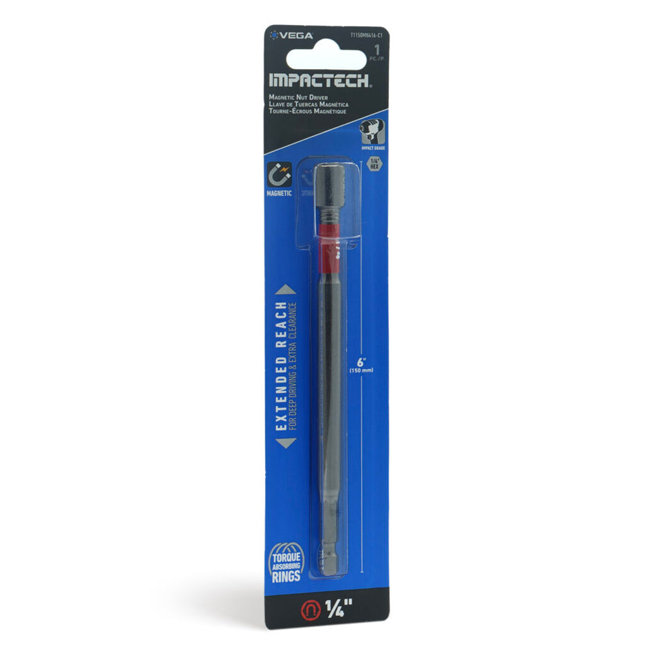 Vega T1150MN416-C1, Impactech 1/4 Magnetic Nut Driver x 6" - Carded 1pc