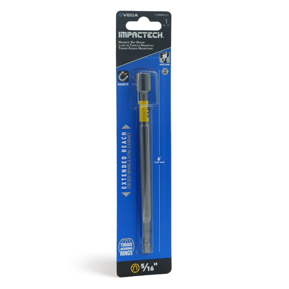 Vega T1150MN516-C1, Impactech 5/16 Magnetic Nut Driver x 6" - Carded 1pc