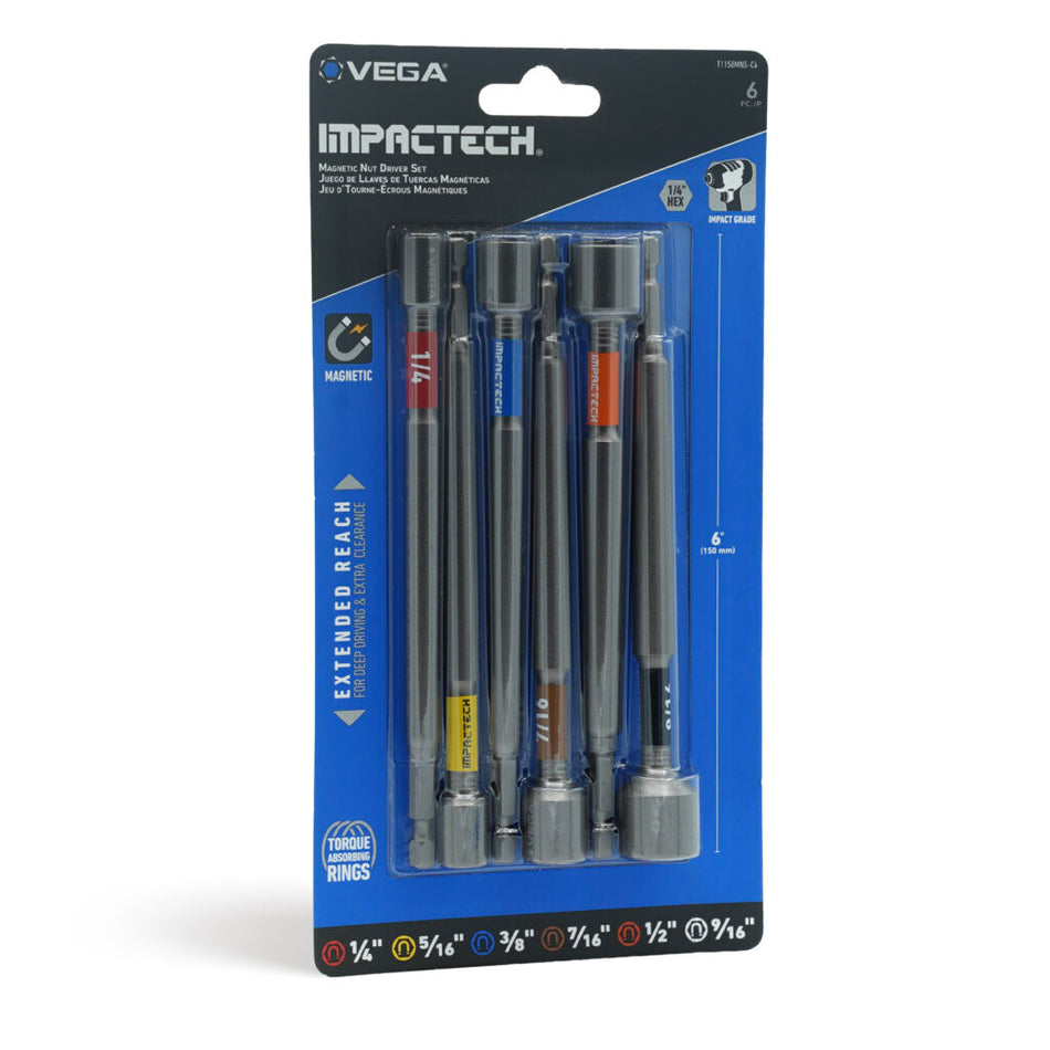 Vega T1150MNS-C6, Impactech Magnetic Nut Driver Set x 6" - Carded 6pc