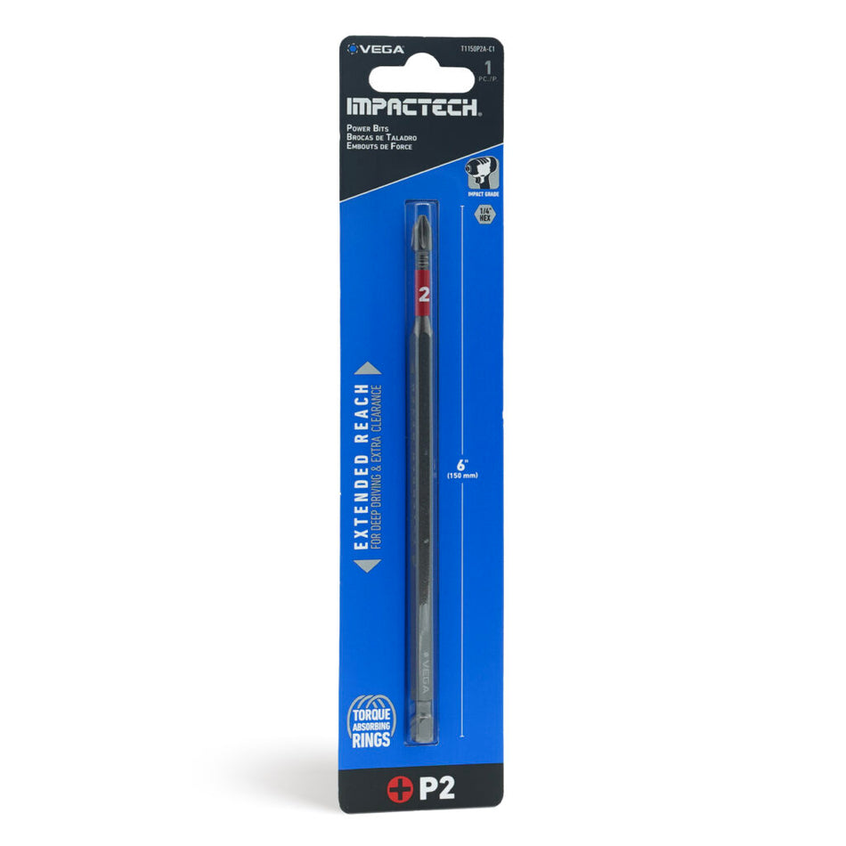 Vega T1150P2A-C1, Impactech Phillips #2 Power Bit x 6" - Carded 1pc