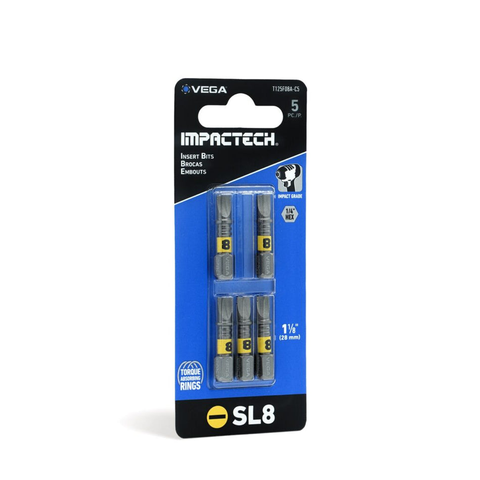 Vega T125F08A-C5, Impactech Slotted #8 Insert Bit x 1" - Carded 5pc