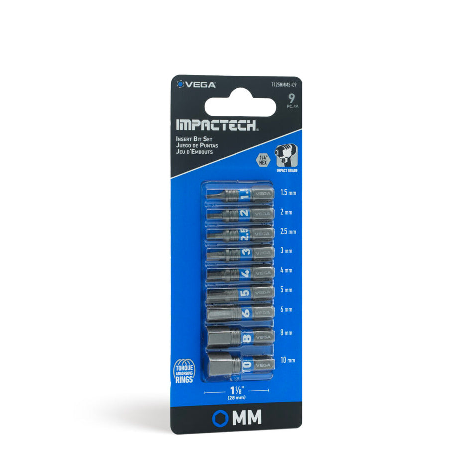 Vega T125HMMS-C9, Impactech Hex MM Insert Bit Set x 1" - Carded 9pc
