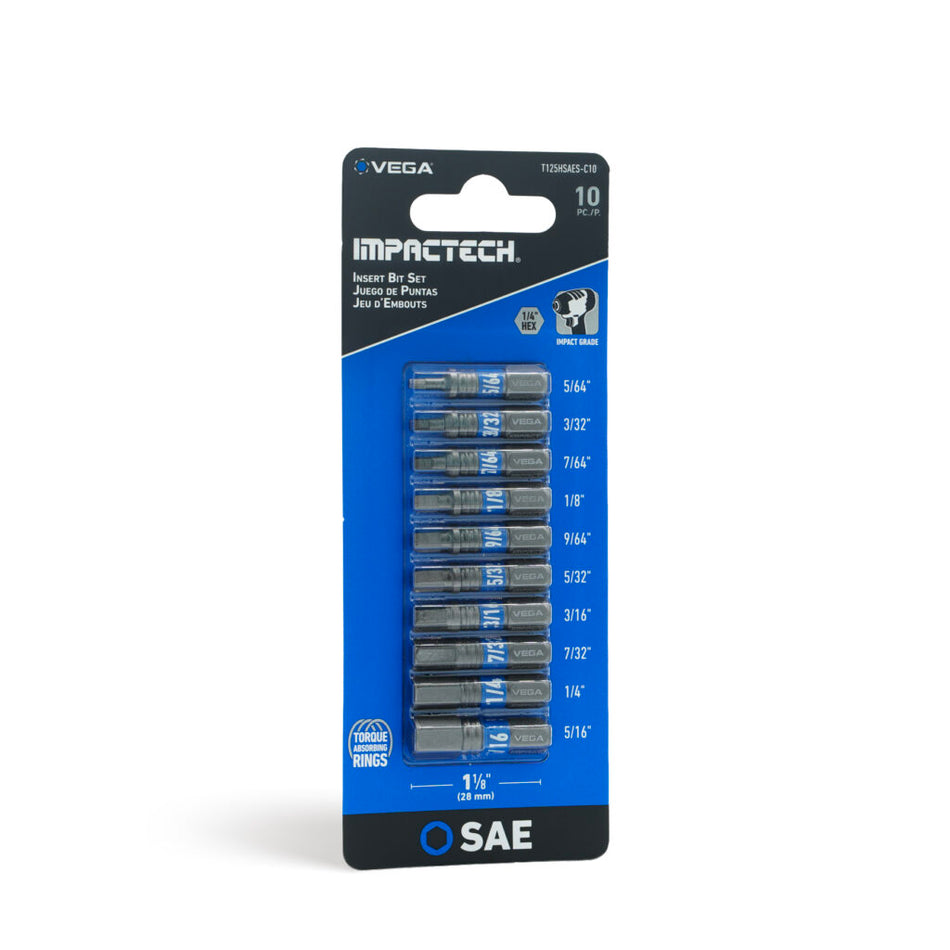 Vega T125HSAES-C10, Impactech Hex SAE Insert Bit Set x 1" - Carded 10pc