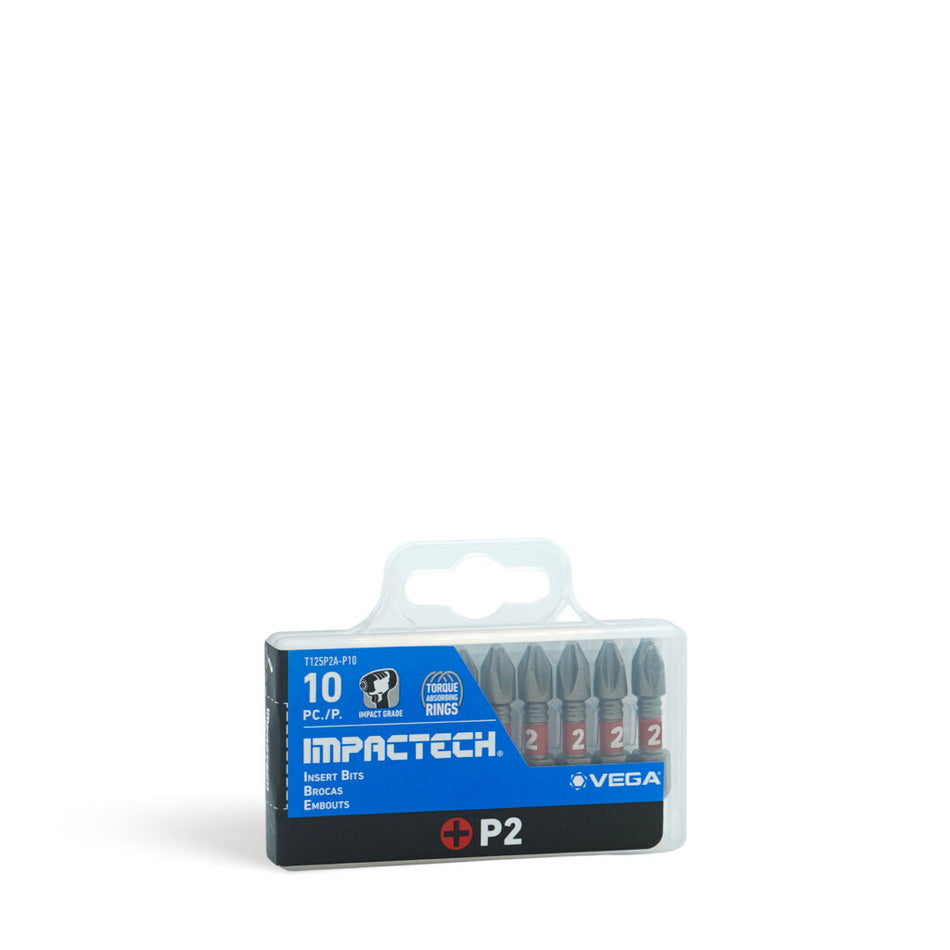 Vega T125P2A-P10, Impactech Phillips #2 Insert Bit x 1" - Plastic Case 10pc