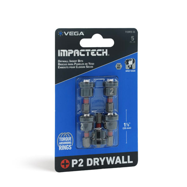 Vega T125P2C-C5, Impactech Phillips #2 Drywall Indenter Bit x 1" - Carded 5pc