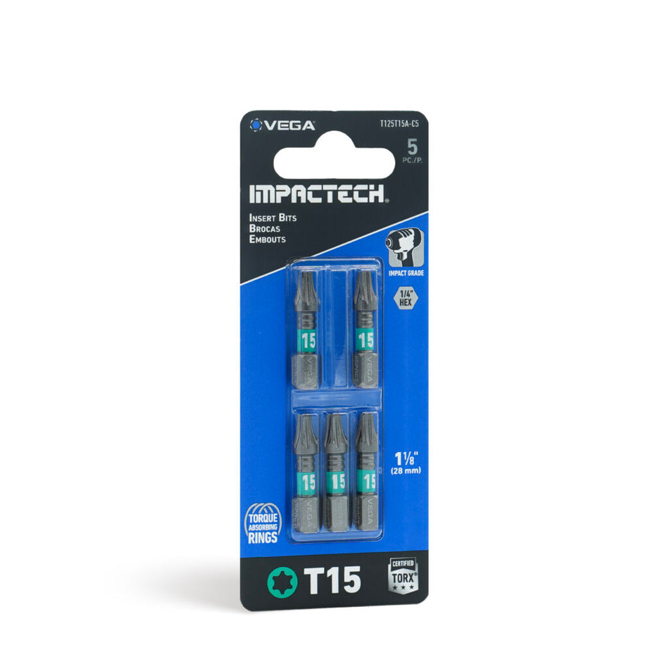 Vega T125T15A-C5, Impactech Torx 15 Insert Bit x 1" - Carded 5pc