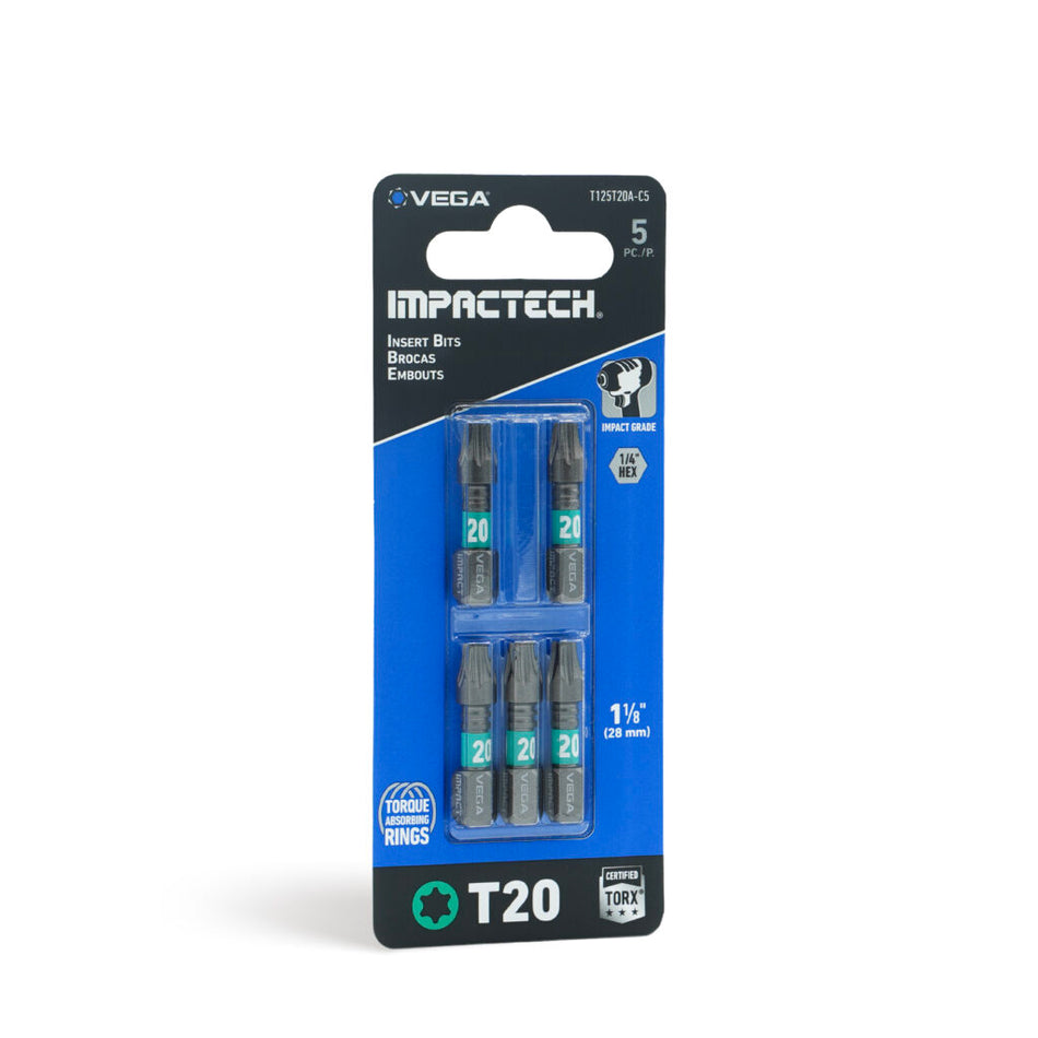 Vega T125T20A-C5, Impactech Torx 20 Insert Bit x 1" - Carded 5pc