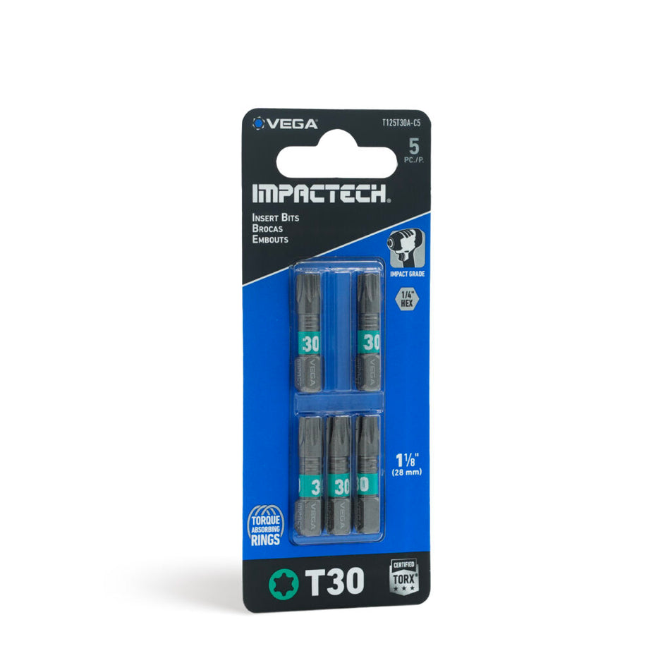Vega T125T30A-C5, Impactech Torx 30 Insert Bit x 1" - Carded 5pc