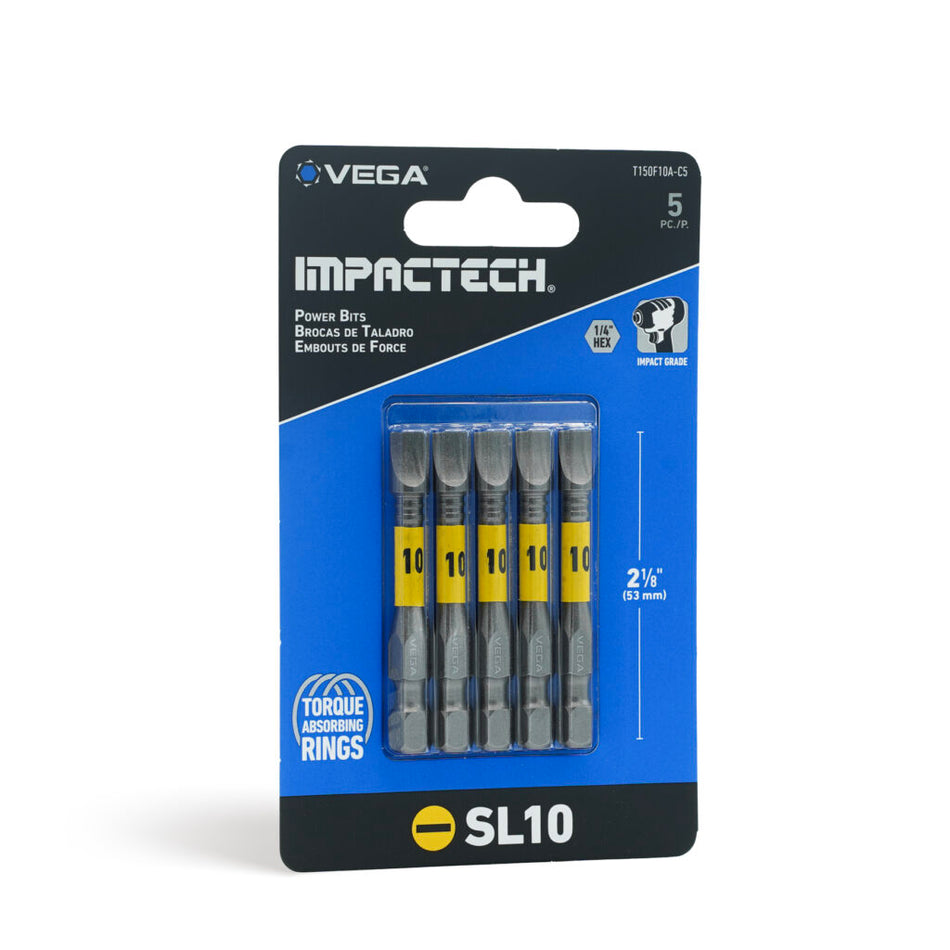 Vega T150F10A-C5, Impactech Slotted #10 Power Bit x 2" - Carded 5pc