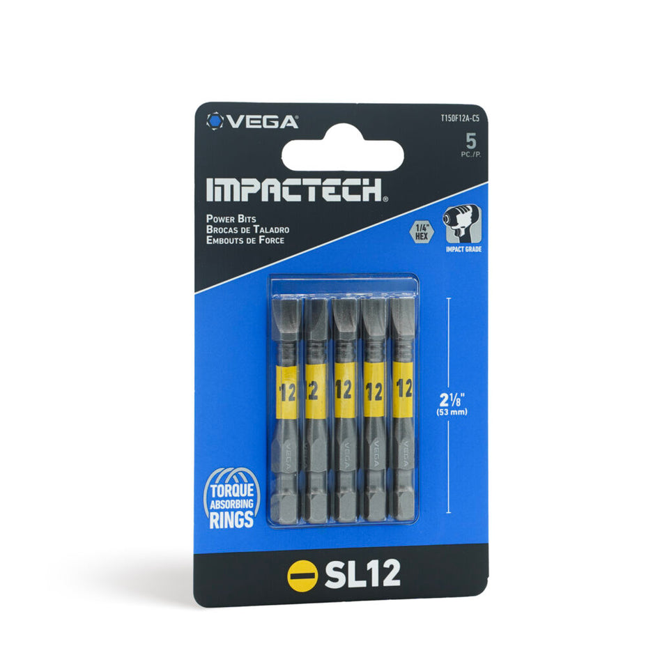 Vega T150F12A-C5, Impactech Slotted #12 Power Bit x 2" - Carded 5pc