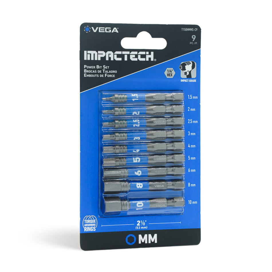 Vega T150HMMS-C9, Impactech Hex MM Power Bit Set x 2" - Carded 9pc