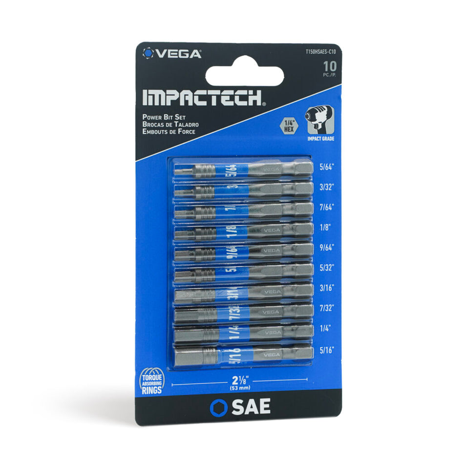 Vega T150HSAES-C10, Impactech Hex SAE Power Bit Set x 2" - Carded 10pc