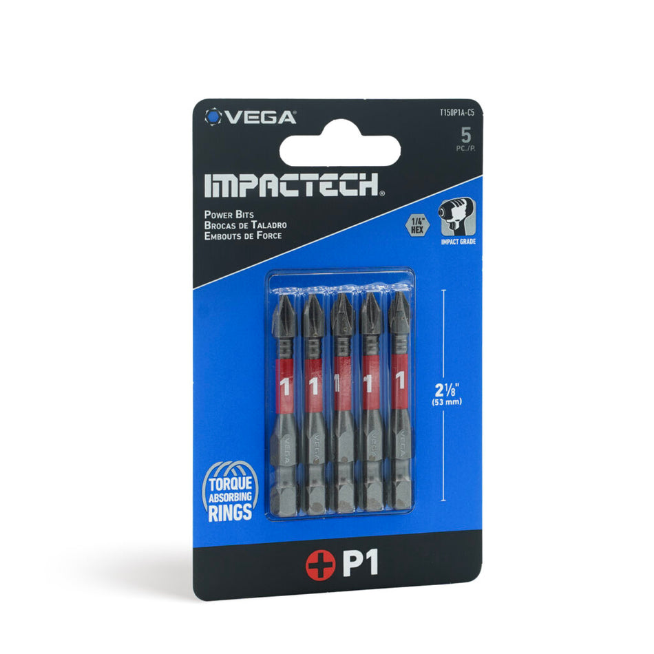 Vega T150P1A-C5, Impactech Phillips #1 Power Bit x 2" - Carded 5pc
