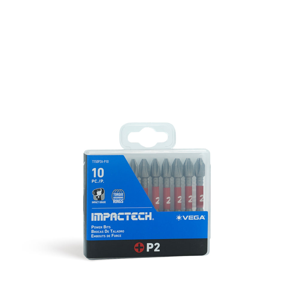 Vega T150P2A-P10, Impactech Phillips #2 Power Bit x 2" - Plastic Case 10pc