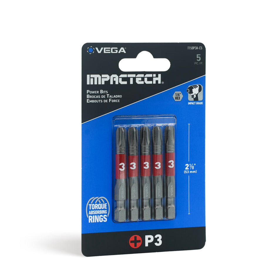 Vega T150P3A-C5, Impactech Phillips #3 Power Bit x 2" - Carded 5pc