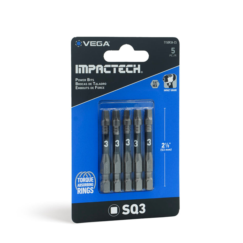 Vega T150R3A-C5, Impactech Square #3 Power Bit x 2" - Carded 5pc