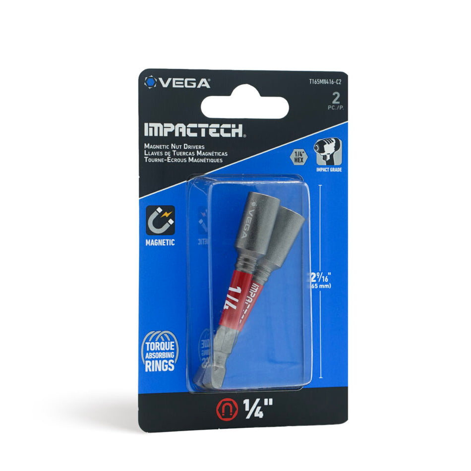 Vega T165MN416-C2, Impactech 1/4 Magnetic Nut Driver x 2-9/16" - Carded 2pc