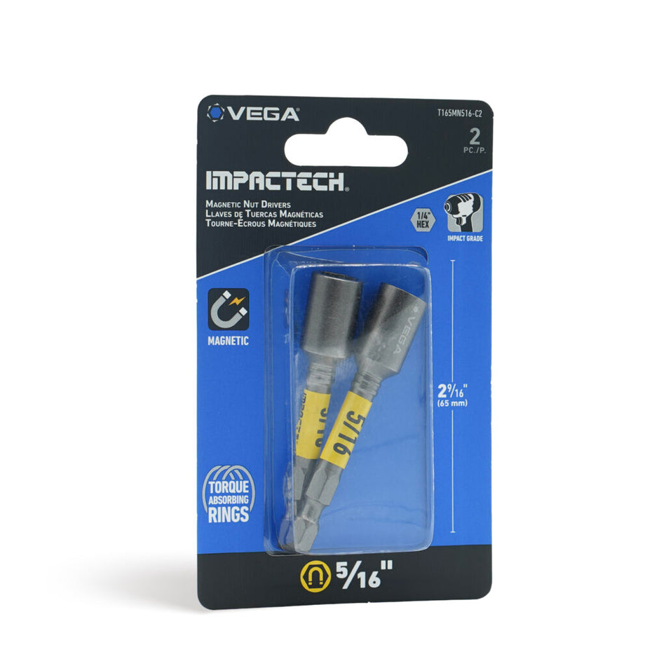 Vega T165MN516-C2, Impactech 5/16 Magnetic Nut Driver x 2-9/16" - Carded 2pc