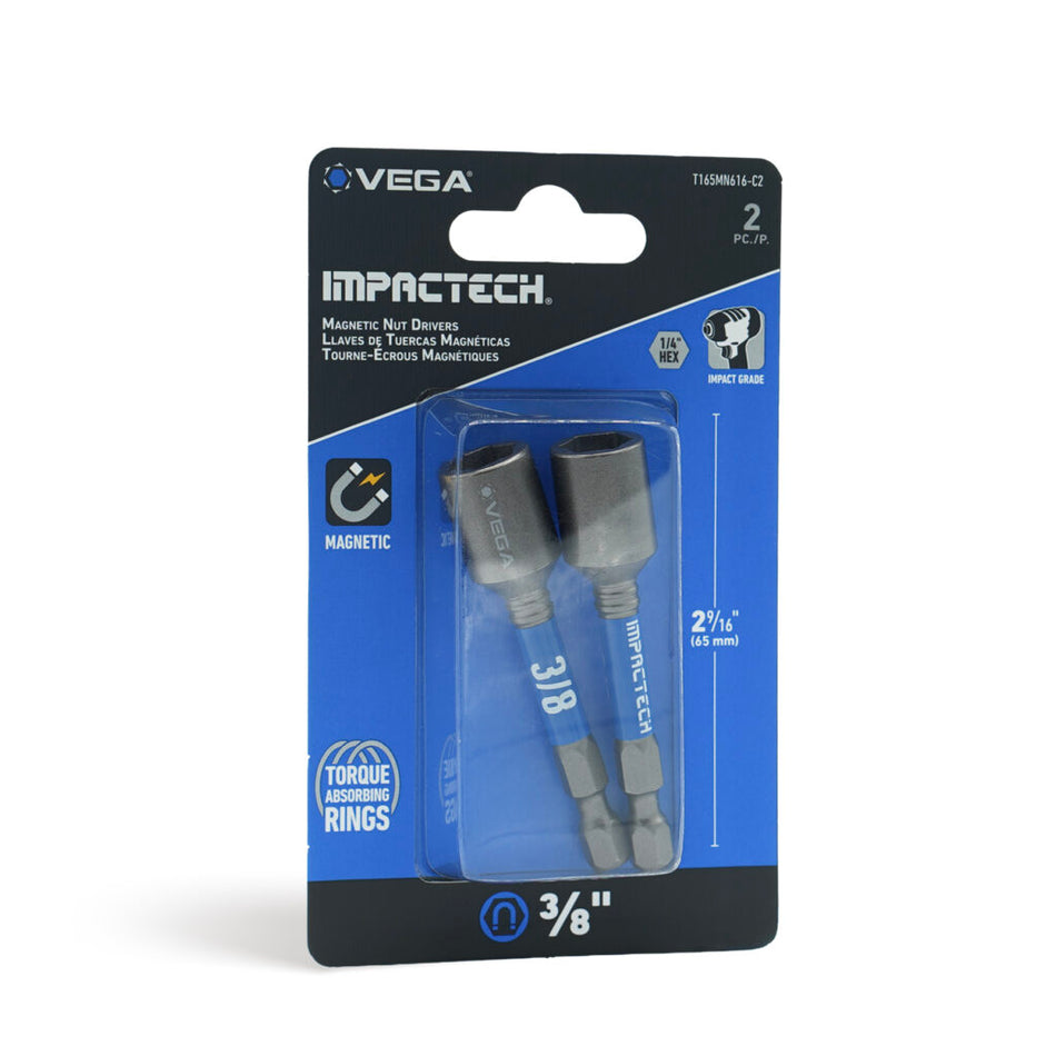 Vega T165MN616-C2, Impactech 3/8 Magnetic Nut Driver x 2-9/16" - Carded 2pc