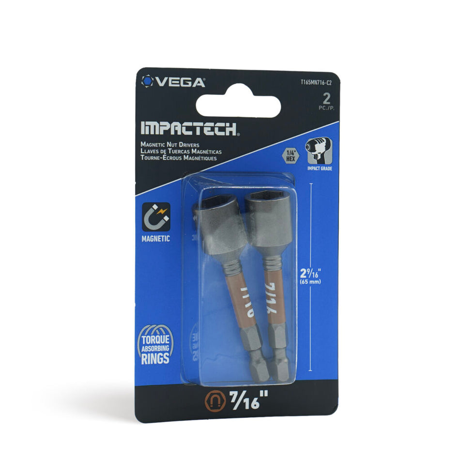 Vega T165MN716-C2, Impactech 7/16 Magnetic Nut Driver x 2-9/16" - Carded 2pc