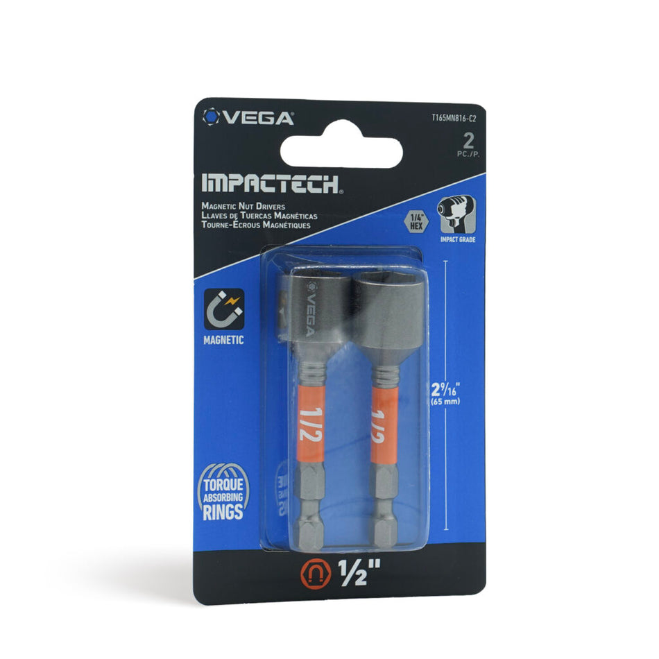 Vega T165MN816-C2, Impactech 1/2 Magnetic Nut Driver x 2-9/16" - Carded 2pc