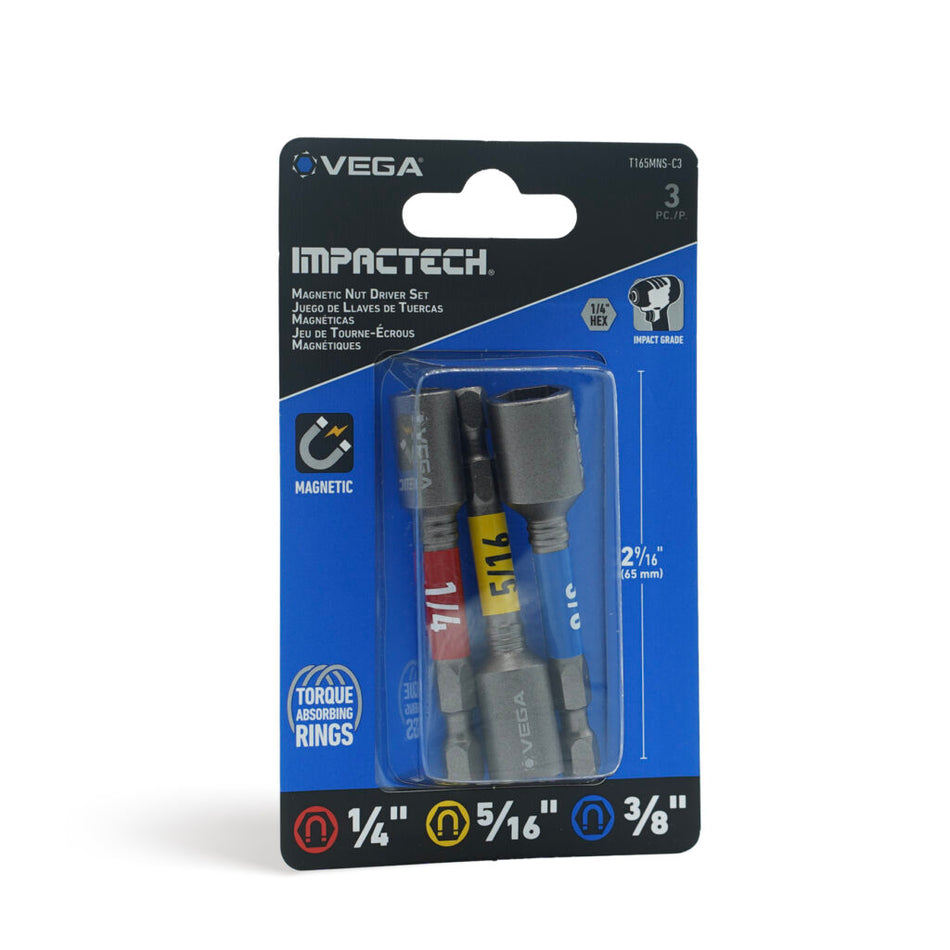 Vega T165MNS-C3, Impactech Magnetic Nut Driver Set x 2-9/16" - Carded 3pc